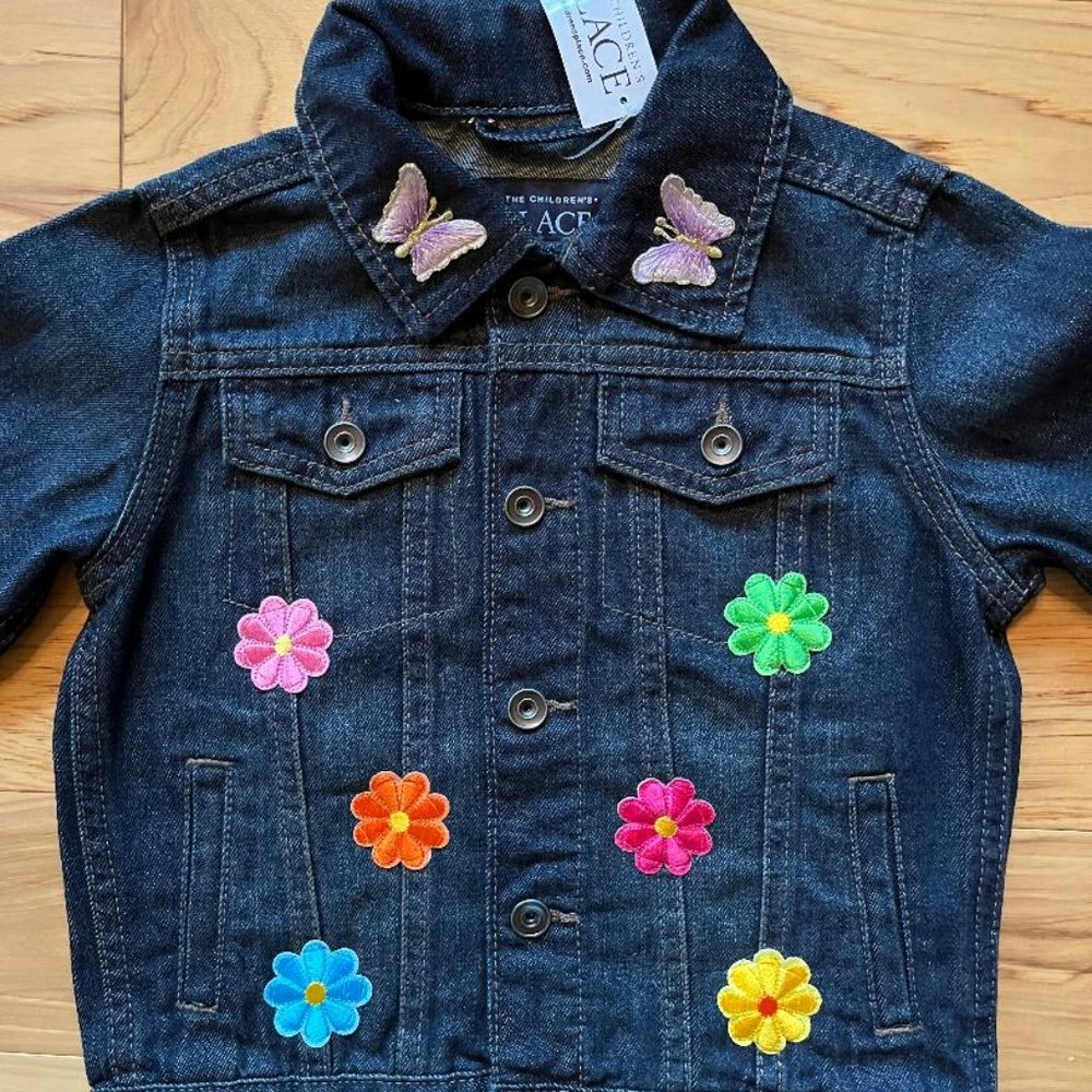 NWT Childrens Place Blue Jean Jacket, 4T, Flower & Butterfly Patchwork Design